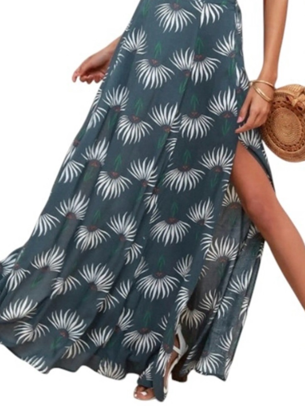 Lulu's Teal Floral Midi Skirt with Side Slit